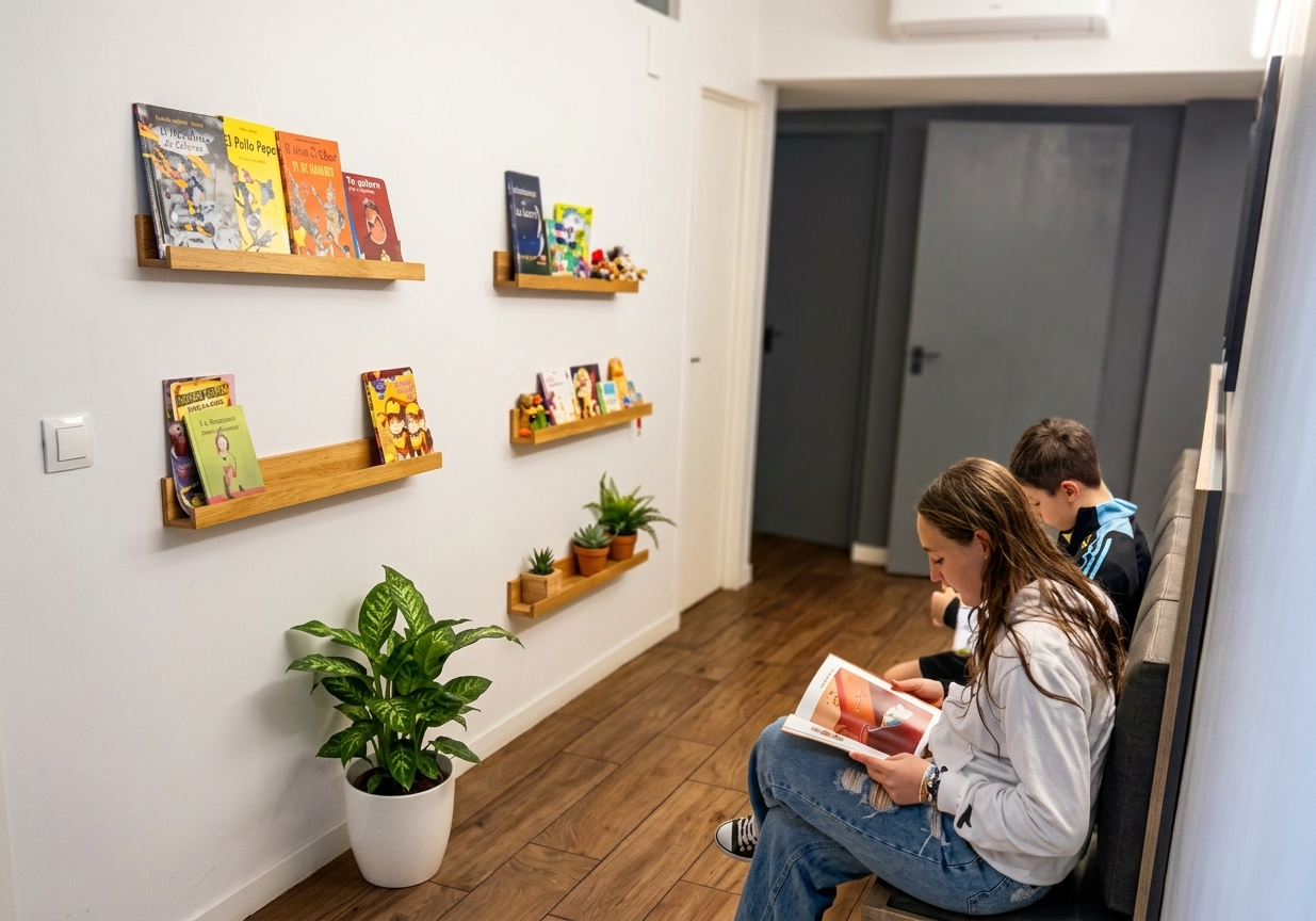 Sala de espera del consultorio de endocrinología infantil — familias esperando en un ambiente cálido